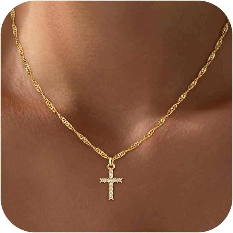 Crystal Cross Charm Gold Necklace