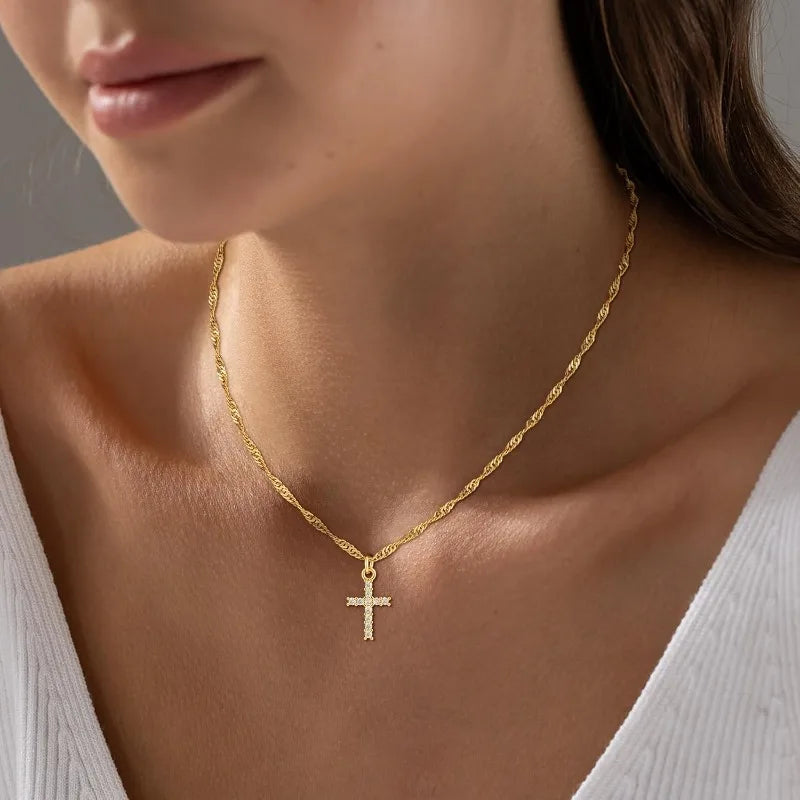 Crystal Cross Charm Gold Necklace